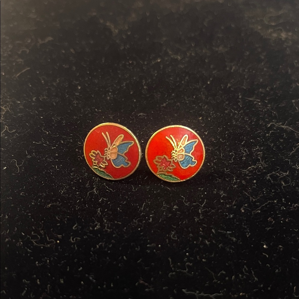 Tiny Red Floral and Butterfly Cloisonné Stud Earrings
